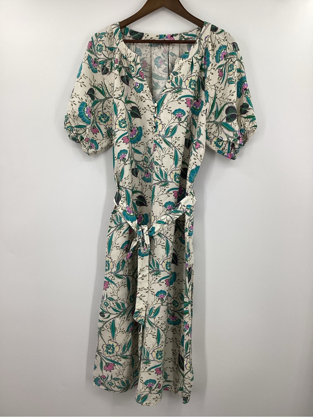 LOFT Cream Floral Tie-Waist Midi Dress with Teal & Pink Blooms